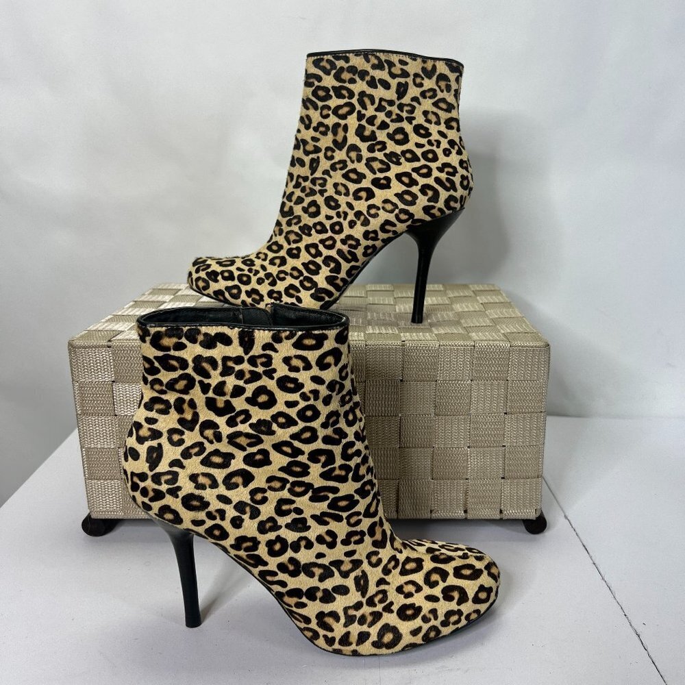 Gwyneth Pony Hair Animal Print Leopard Heeled Booties Boots Size 8